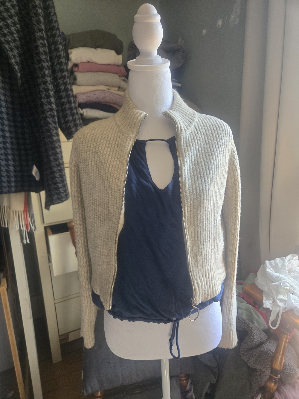 William Rast Cream Ribbed Zip-Front Sweater - Picture 2 of 4